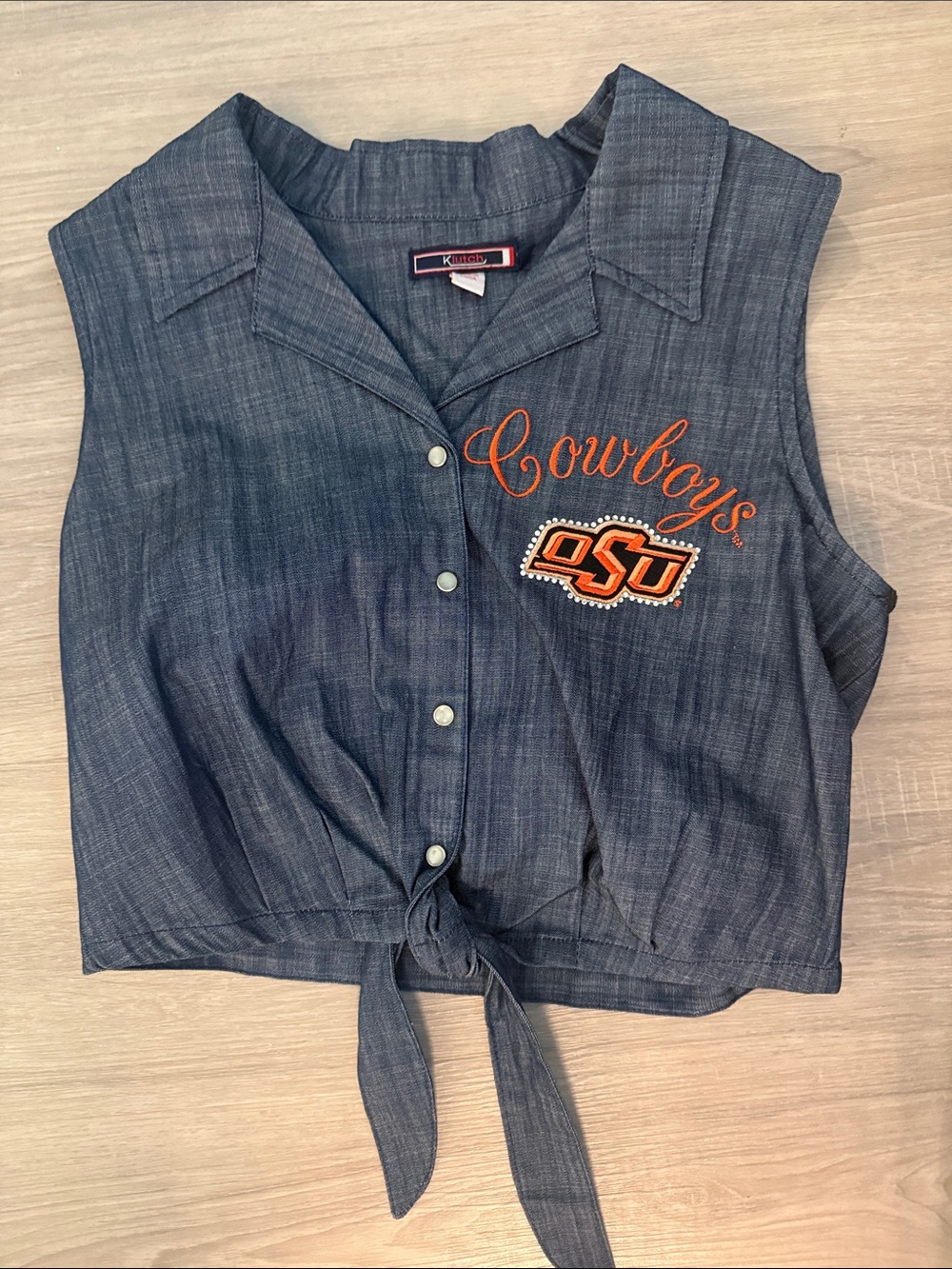 Kitsch Blue Denim-Look OSU Cowboys Tie-Front Crop Top